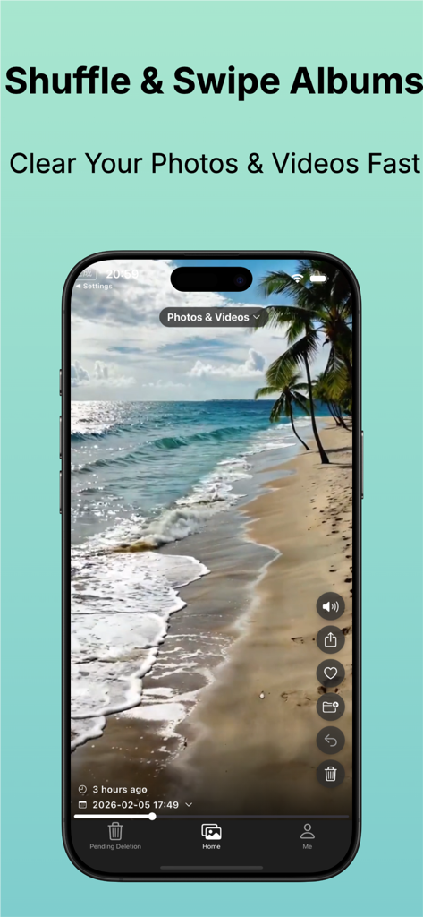 Smartphone screen displaying SwipeClean app with a vertical swipe interface for clearing photos and videos fast