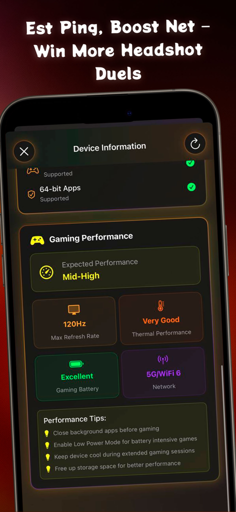 Un écran de smartphone affichant des métriques de performance de jeu, y compris le taux de rafraîchissement de 120 Hz, les performances thermiques, l'état de la batterie et l'état du réseau 5G.