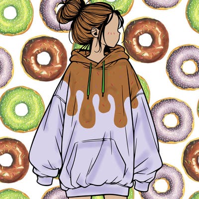 realistic girl with a oversized sweatshirt on and a bun