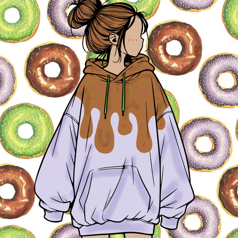 realistic girl with a oversized sweatshirt on and a bun