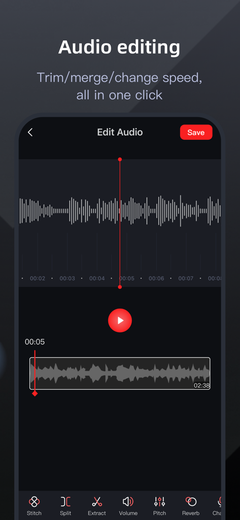 录音专家-专业录音转文字助手 - Recording Expert app interface for audio editing showing waveform and tools like stitch and split