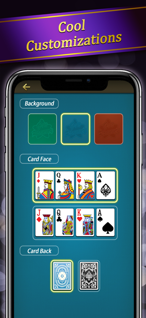 Gin Rummy - Classic Card Game· - Screen showing customization options for backgrounds card faces and card backs in Gin Rummy
