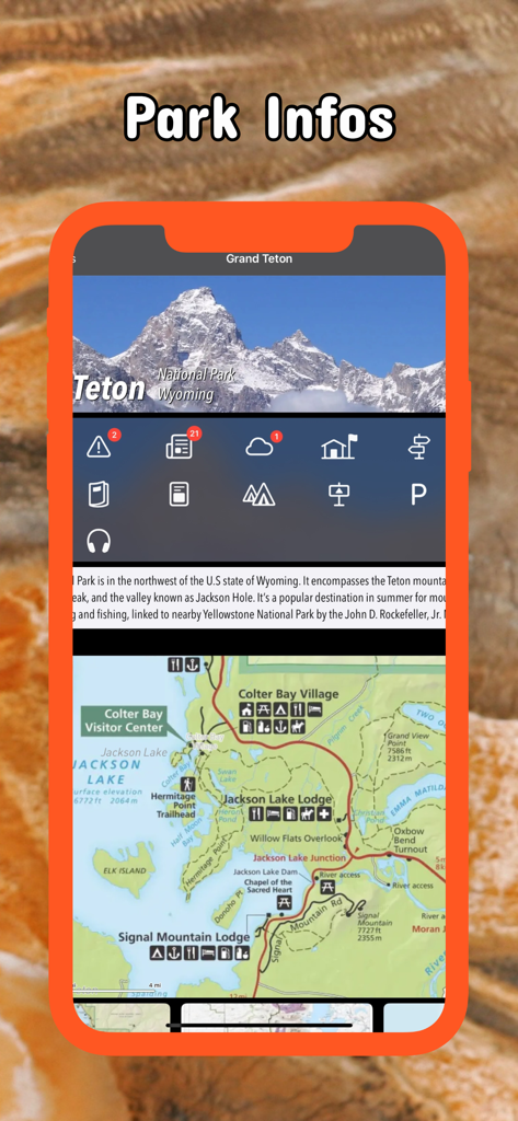 Detailed visitor information and map for Grand Teton National Park in the Wyoming Pocket Maps app