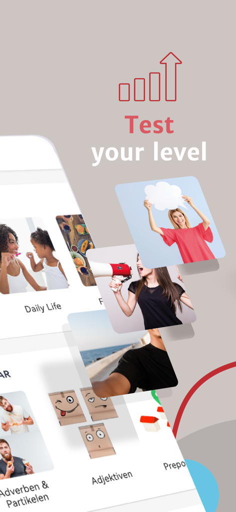 LLO - Interfaccia dell'app LLO che mostra la funzionalità di test di livello linguistico e le categorie di apprendimento