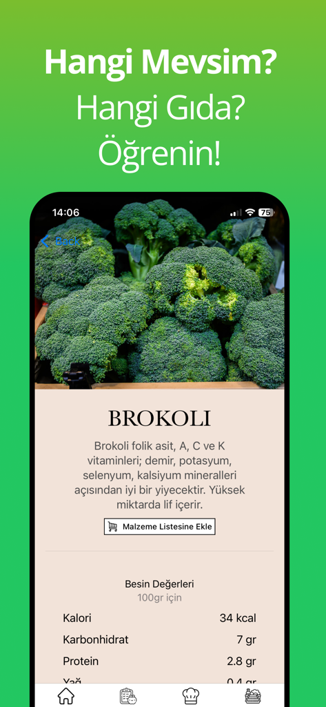 Mevsiminde Beslenme - 브로콜리의 영양가와 건강상의 이점을 보여주는 모바일 앱 화면
