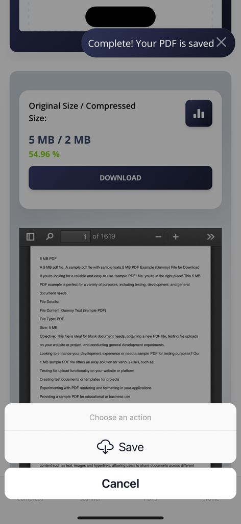 PDF Scanner Converter & Editor - Oberfläche zeigt die Ergebnisse der PDF-Komprimierung von 5 MB auf 2 MB mit einer Speicheroption
