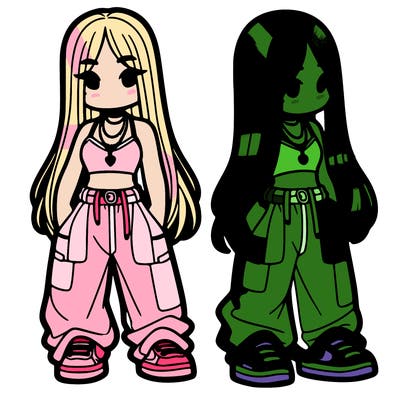 girl in baggy pants crop top and long hair