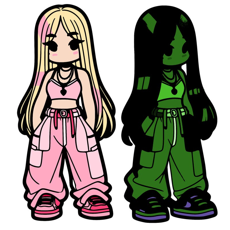 girl in baggy pants crop top and long hair