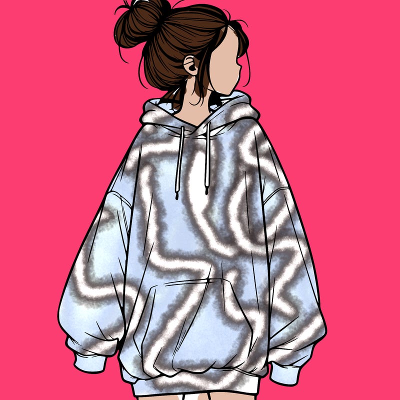 realistic girl with a oversized sweatshirt on and a bun