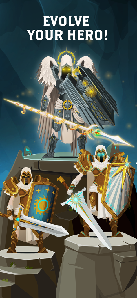 Questland: Turn Based RPG - Three stages of hero evolution showcasing different armor and weapon sets in Questland