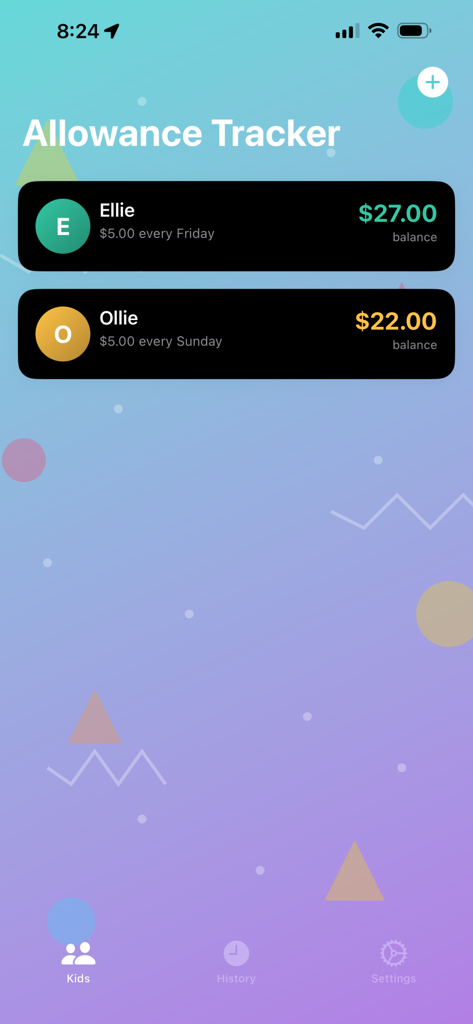 Allowance Tracker - Kids Money - Allowance Tracker app interface showing virtual money balances and recurring allowance schedules for children