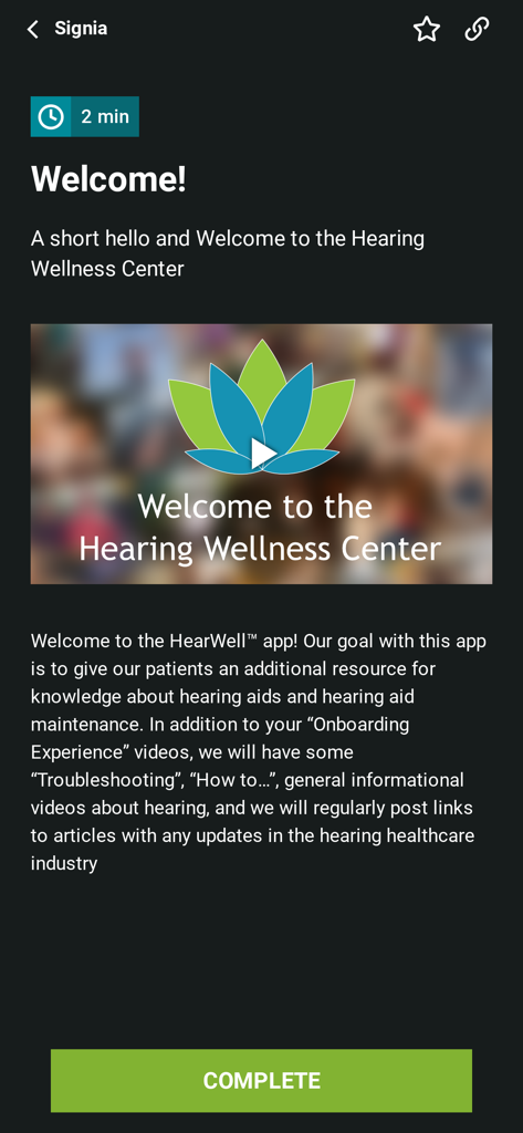 HearWell App onboarding welcome screen for Signia hearing aids