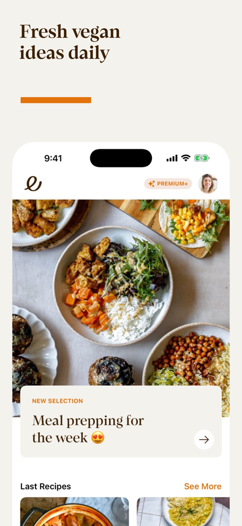 Eline's Table: Vegan Recipes - Eline's Table vegan recipes app home screen showing meal prep ideas and plant-based dishes