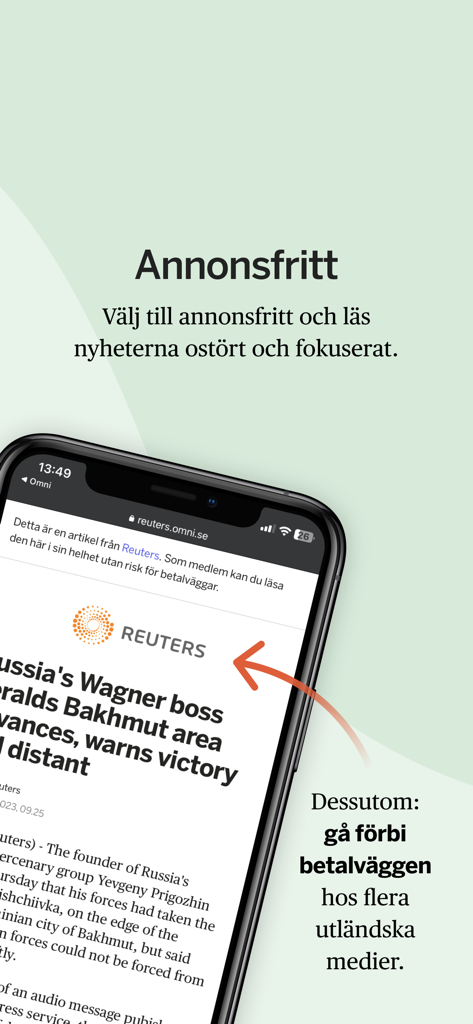 Screenshot of Omni news app showing ad-free reading and paywall bypass for international media.