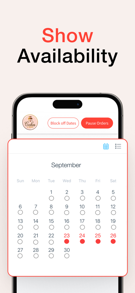 Bakesy: Home Bakery Biz App - 予約不可の日付が表示されたBakesyアプリのカレンダーインターフェイスと、「空き状況を表示」というヘッダーが表示されたスマートフォン。