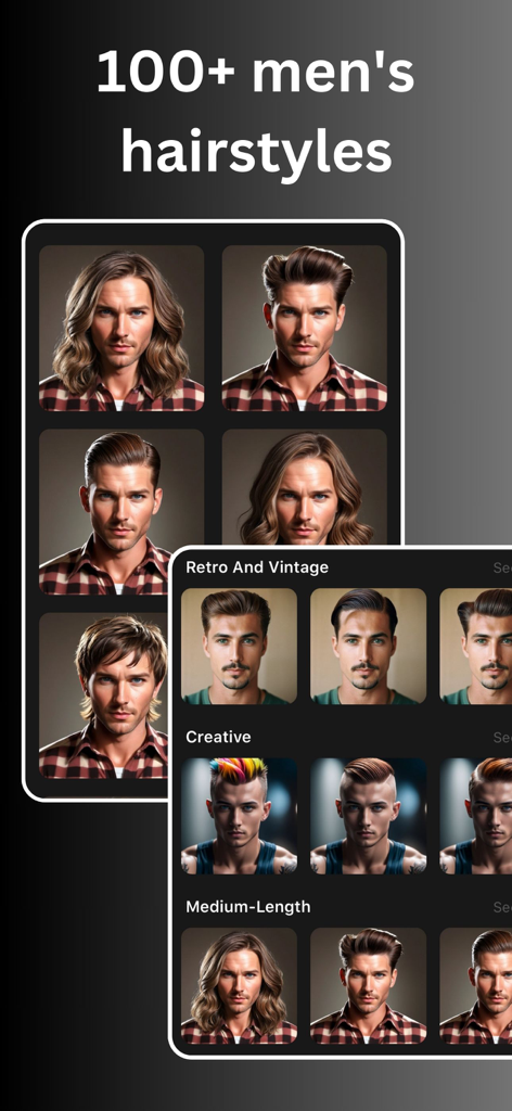 A gallery view of various men's hairstyles within the AI Style app including retro, creative, and medium length styles.