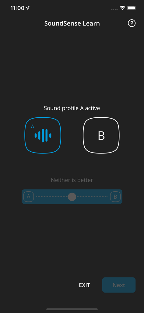 Widex Evoke SoundSense Learn interface comparing sound profile A and B