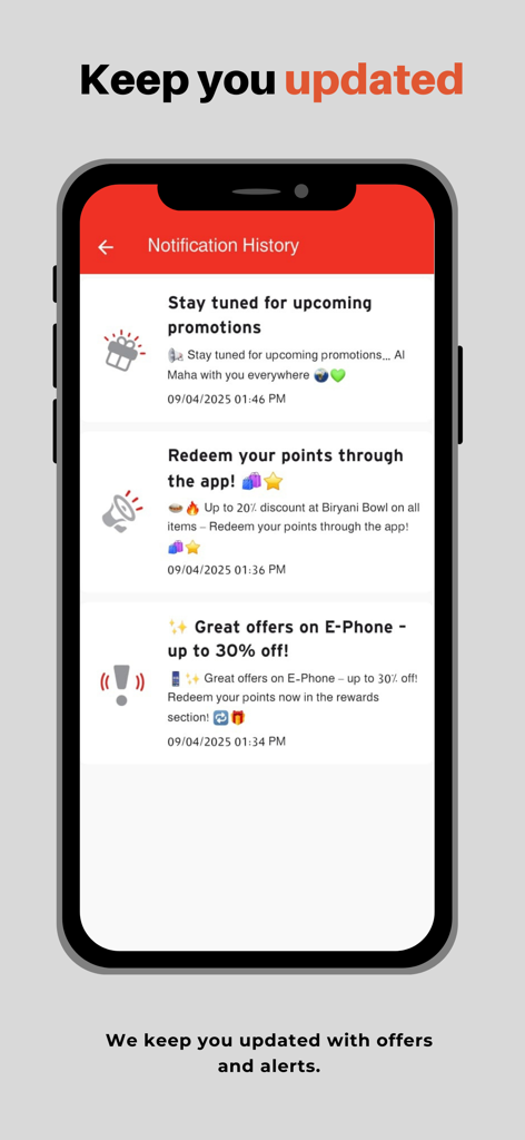 Bildschirmverlauf der Benachrichtigungen von Al Maha Plus, der bevorstehende Werbeaktionen und Prämienerinnerungen auf einem Smartphone anzeigt.