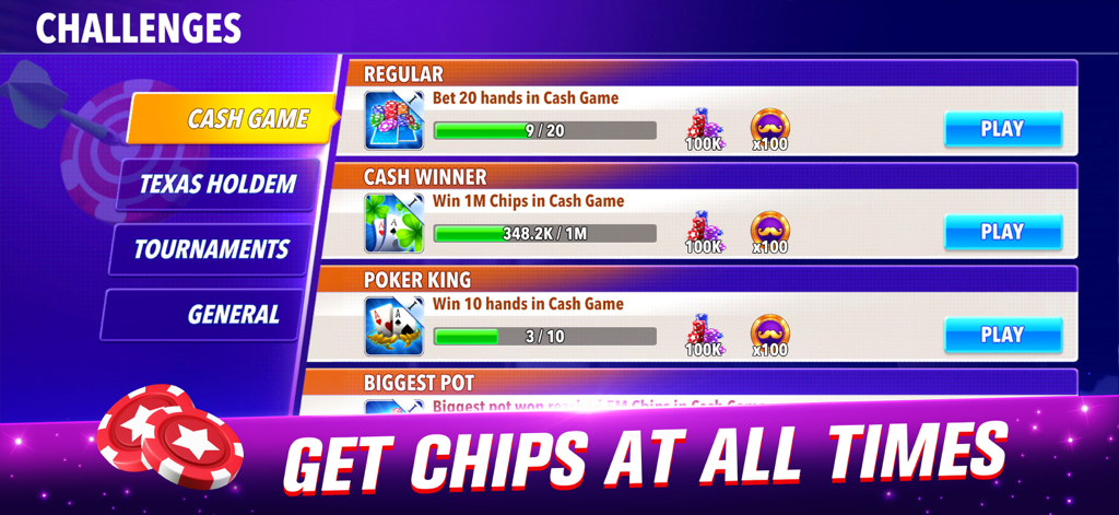 Poker Frenzy - Texas Holdem - Interface du jeu Poker Frenzy montrant des défis de cash game et des récompenses en jetons gratuits