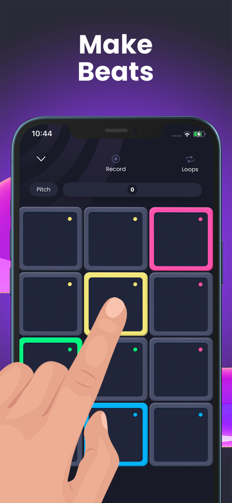 Drum Pads Guru Pro Beat Maker - Usuário criando música usando drum pads coloridos em um smartphone.
