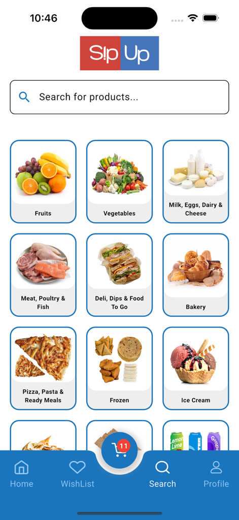 과일, 채소, 유제품 등 식료품 카테고리를 보여주는 SipUP 모바일 앱 인터페이스