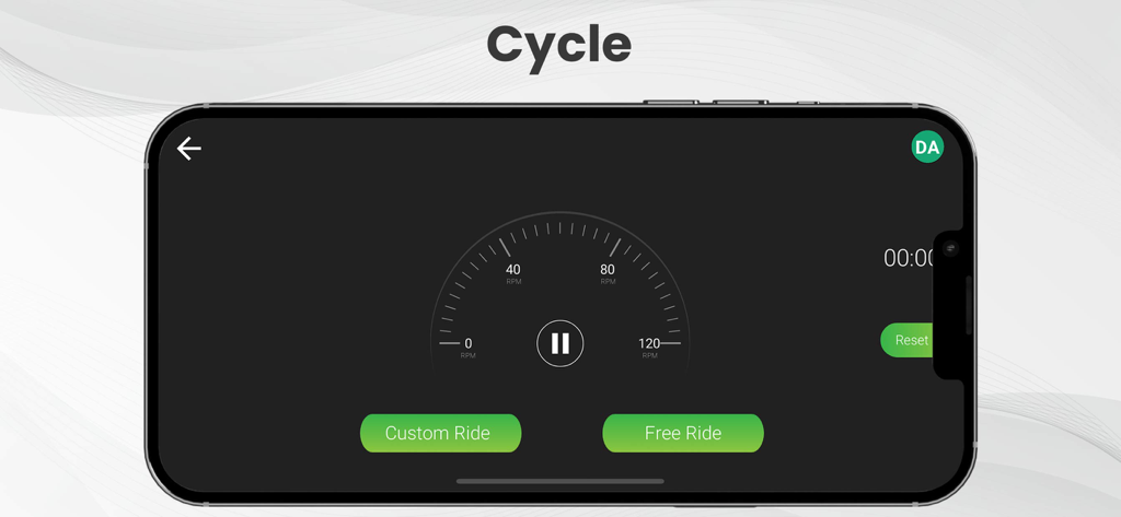 BoBo Pro 2.0 - BoBo Pro 2.0 app cycling interface showing an RPM speedometer gauge with options for custom and free rides