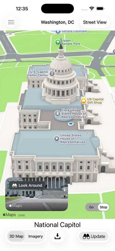 Captura de pantalla de la aplicación Here I Am Now! mostrando un mapa 3D del edificio del Capitolio de EE. UU. en Washington DC con una vista a nivel de calle de Explorar insertada.