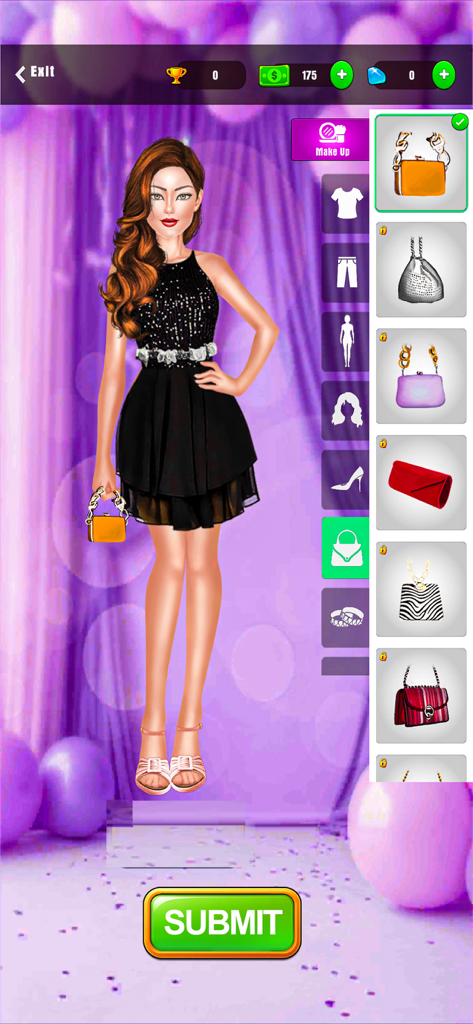Fashion game interface showing a character in a black dress choosing a handbag accessory