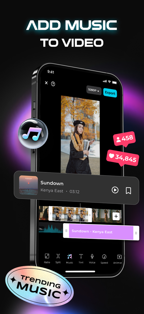 Add Music to Video - Muvi - Interface de l'application Muvi sur un iPhone montrant des fonctionnalités de montage vidéo et une sélection de musique tendance pour les créateurs de réseaux sociaux