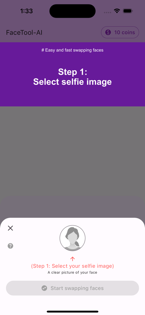 Interface do usuário do aplicativo FaceTool mostrando o primeiro passo para selecionar uma selfie para troca de rosto