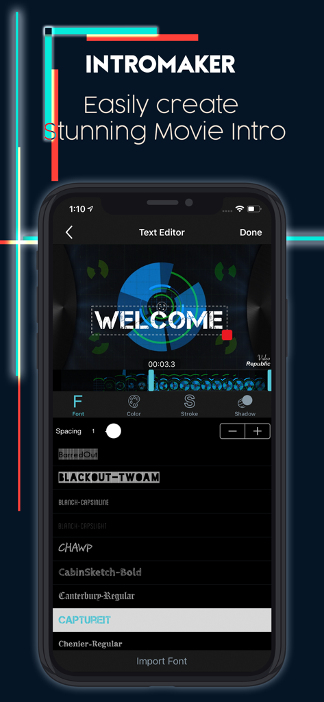 IntroTube: Intro Video Maker - Uno schermo di smartphone che mostra l'editor di testo di IntroTube con varie opzioni di font per creare intro video.