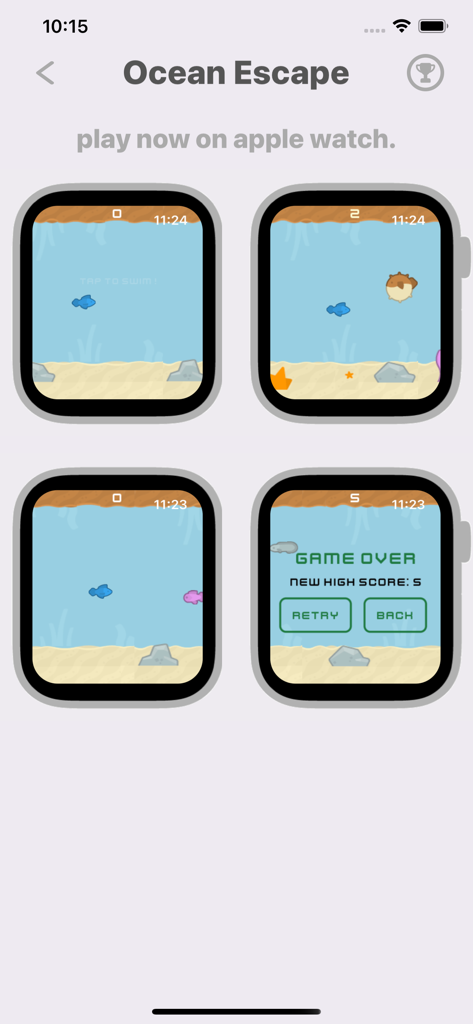 Cuatro pantallas que muestran la jugabilidad y el estado de fin de juego para el minijuego Ocean Escape en Apple Watch.