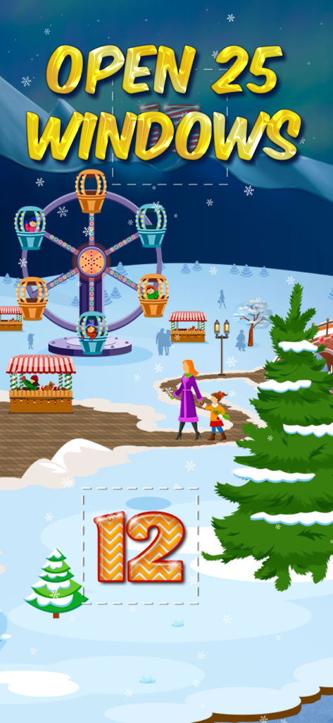 25 Days of Christmas 2025 - Digital advent calendar showing a snowy winter wonderland with a ferris wheel and a prompt to open 25 windows.