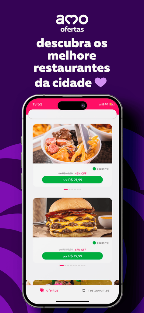 amo ofertas - Smartphone screen showing food deals and restaurant discounts on the amo ofertas app