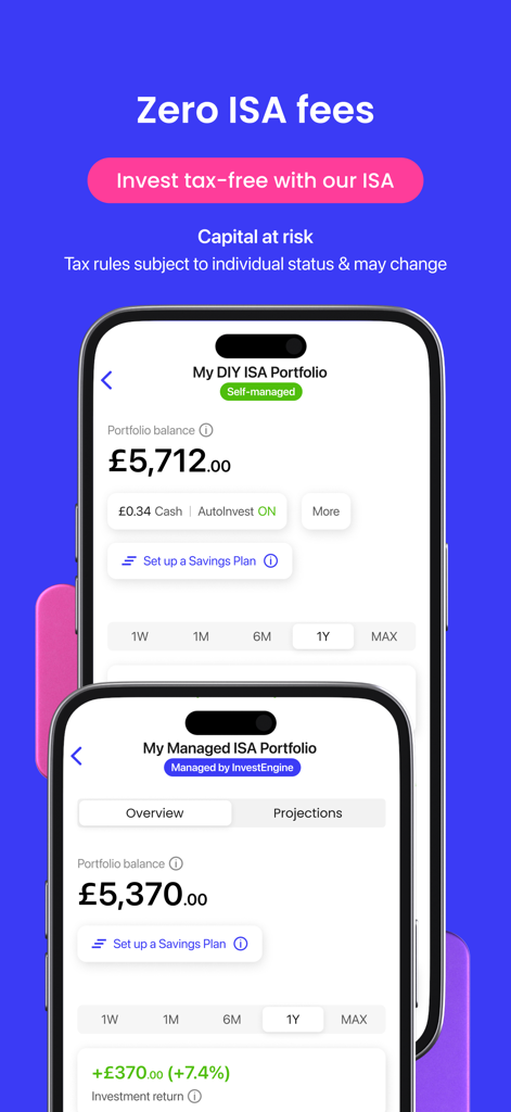 InvestEngine: ETF Investing - Capturas de pantalla de la aplicación InvestEngine que muestran carteras de inversión ISA autogestionadas y gestionadas sin comisiones