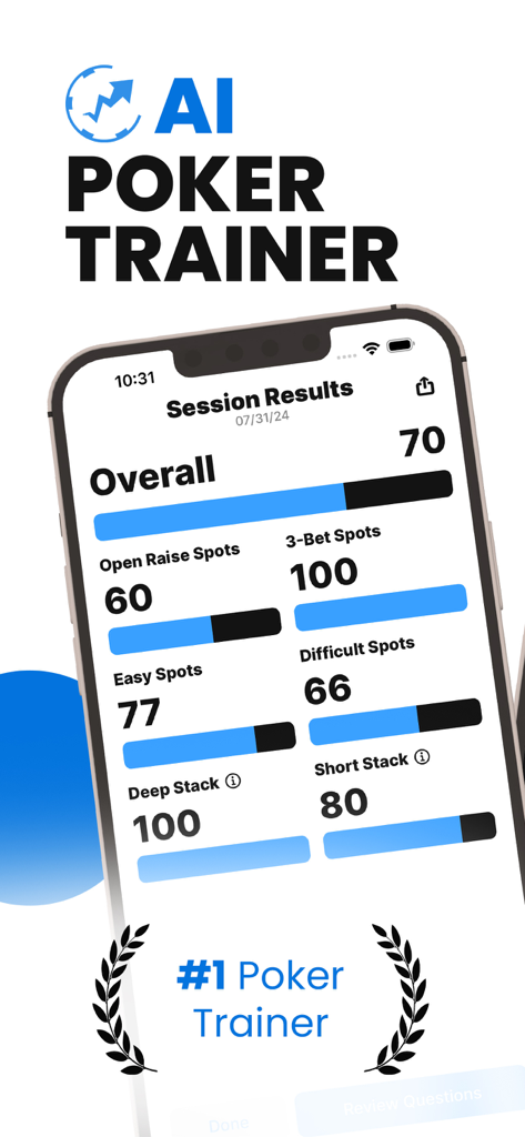 AI poker trainer app displaying session results for GTO preflop strategies