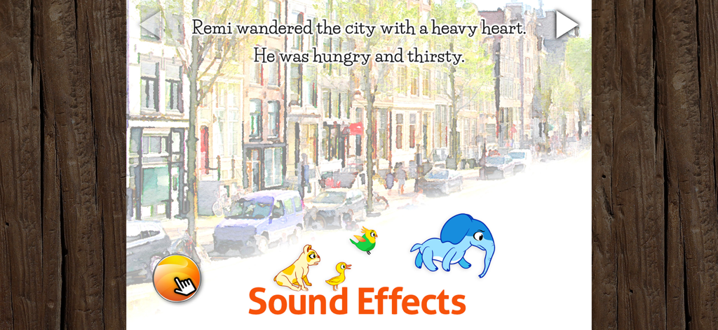 Kids Book & Reading - Remi - 動物の友達と効果音ボタンが登場する街の場面にいるレミの赤ちゃん象が登場する、インタラクティブな絵本ページ。