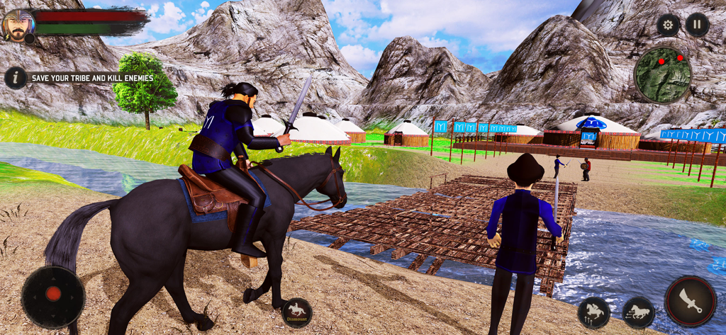 Osman Gazi a cavallo verso un accampamento tribale in un paesaggio montano, gioco d'azione