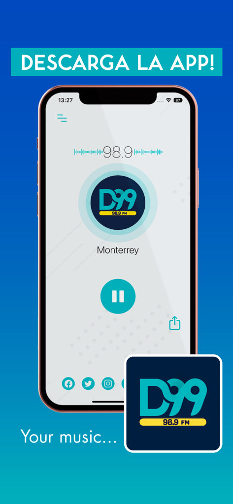 D99 - Interfaz de la aplicación de radio D99 98.9 FM mostrando el reproductor de música y el logo de la estación de Monterrey