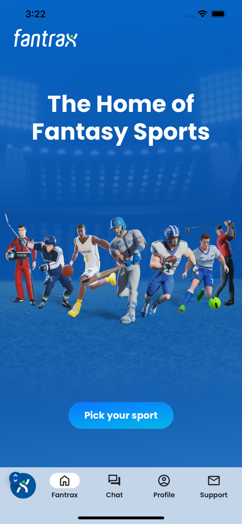 Fantrax app home screen featuring sports avatars and the slogan The Home of Fantasy Sports