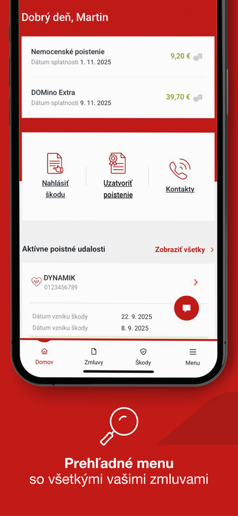 Moja Generali - Dashboard of the Moja Generali mobile app showing insurance policies and claims in Slovak