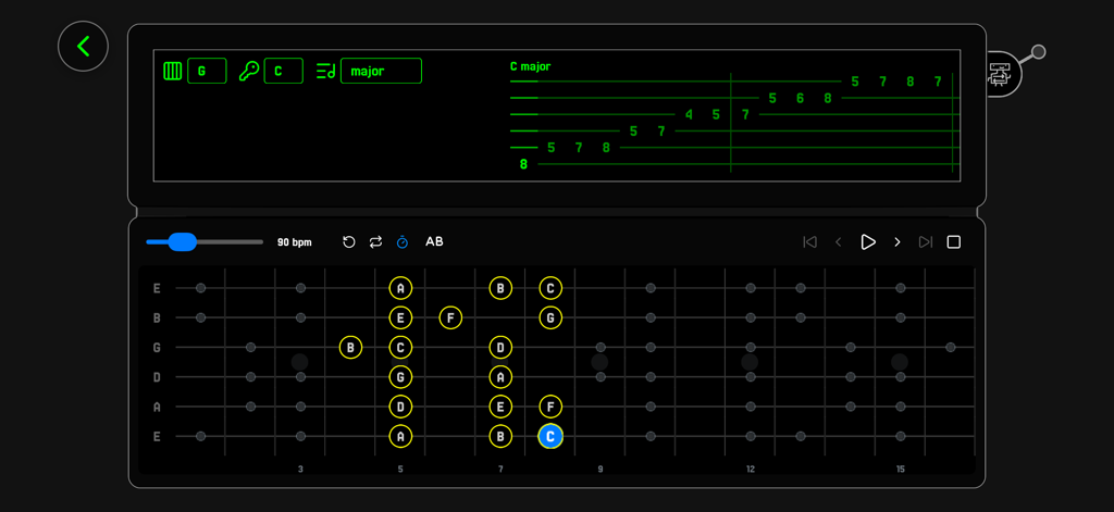 Guitar Machines! - Interface of the Guitar Machines app showing a C major scale on a virtual fretboard and digital tablature