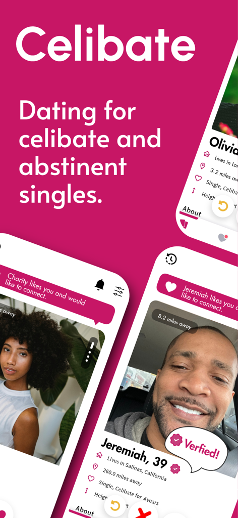 Celibate - Date with Intention - Interface of the Celibate dating app showing profiles of verified and intentional singles