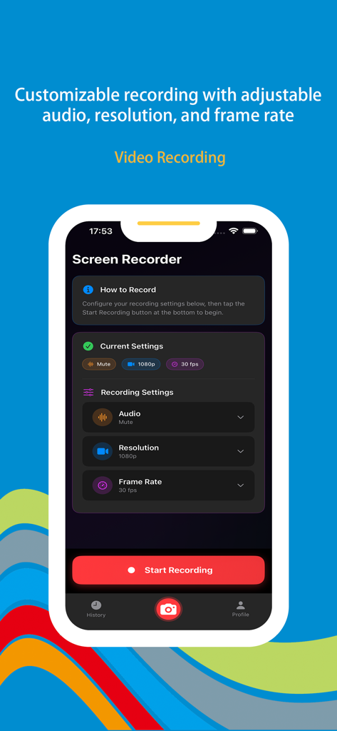 Wonder Rec - Screen Recorder - Interface of Wonder Rec screen recorder showing adjustable video and audio settings