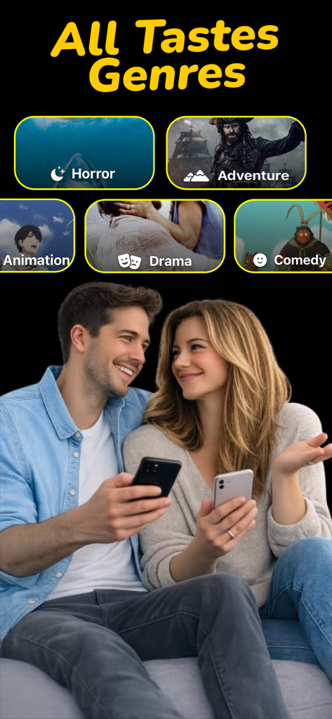 Ein Paar durchsucht gemeinsam verschiedene Filmgenres auf ihren Smartphones.