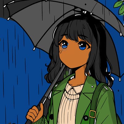 a realistic girl in the rain with an umbrella
