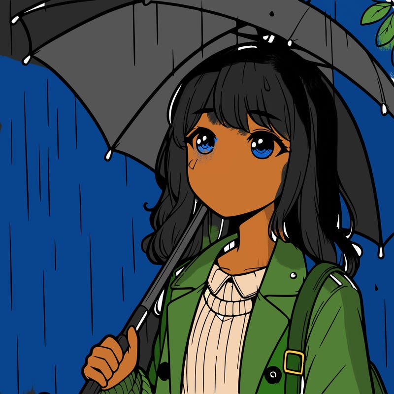 a realistic girl in the rain with an umbrella