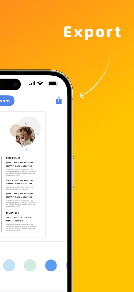 目立つエクスポートラベルと共有アイコンが付いた履歴書プレビューを示すスマートフォンの画面