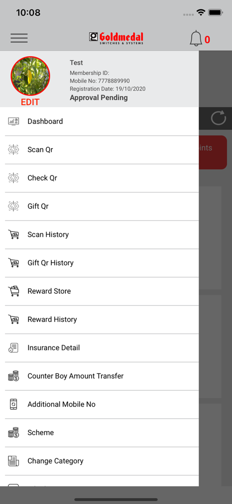The main navigation sidebar of the Dhan Barse B2B loyalty app showing reward and scanning options.