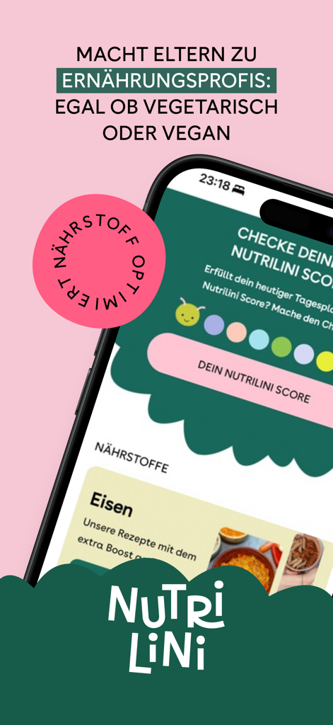 Nutrilini - Familienernährung - Nutrilini app interface showing a nutrition score and nutrient tracking for plant based family diets